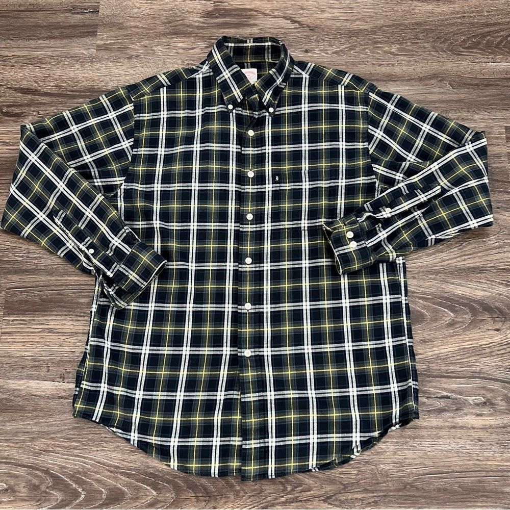 Brooks Brothers Cotton Classic Navy and Green Plaid Long Sleeve Button Up Shirt